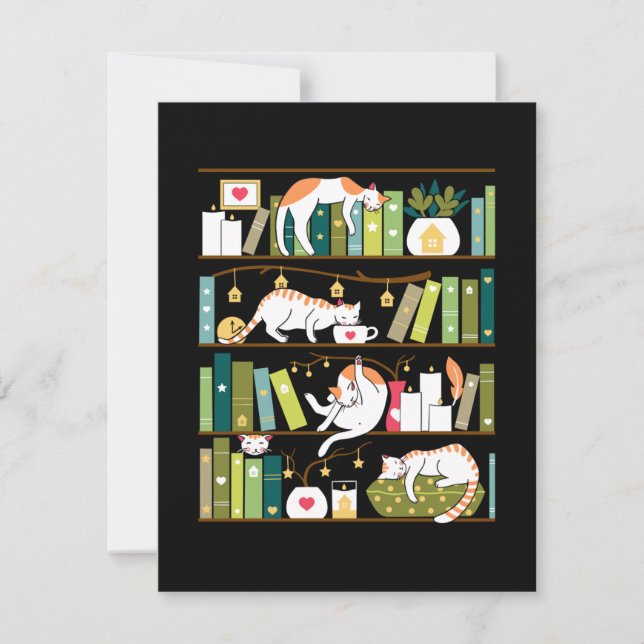 Library cats - whimsical cats on the book shelves thank you card (Front)