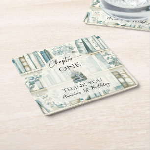 Library Chapter ONE Blue Boy Book 1st Birthday Square Paper Coaster