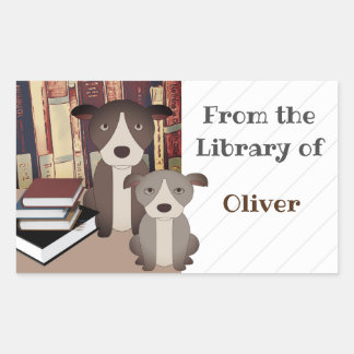 LIBRARY DOG.  BOOKS.  CUTE DOGS. BOOKPLATE NAME RECTANGULAR STICKER