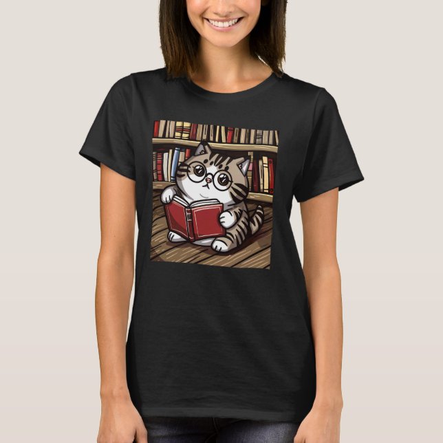 Library Lover Kitten Pet Book Reader Bookworm Cat T-Shirt (Front)