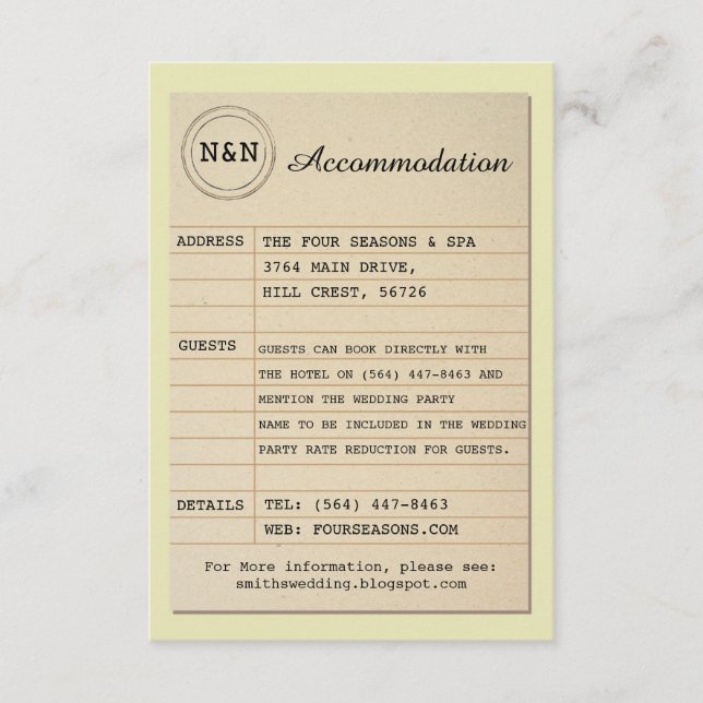 Library Mr & Mrs Accommodation Wedding Books Enclosure Card (Front)