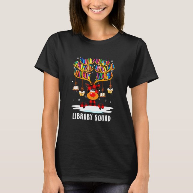 Library Squad Reindeer Christmas Funny Book Lover  T-Shirt (Front)