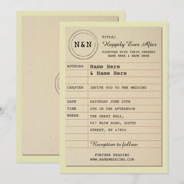Library Wedding Invitation Book Theme Invite (Front/Back)