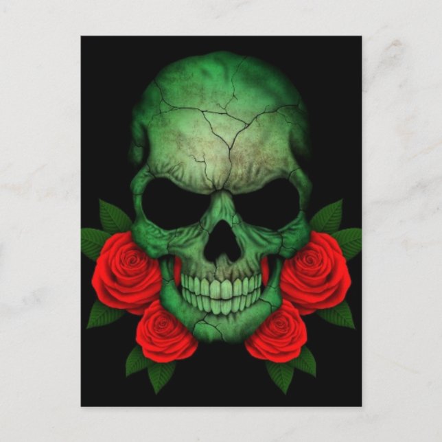 Libyan Green Flag Skull with Red Roses Postcard (Front)