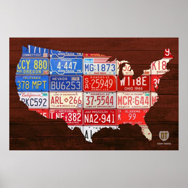 License Plate Map Flag of the USA Poster (Front)