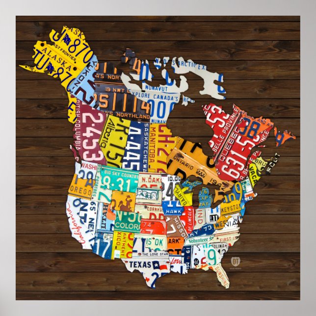 License Plate Map of North America - Canada and US Poster (Front)