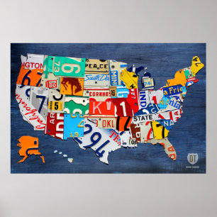 License Plate Map of the United States on Blue Poster