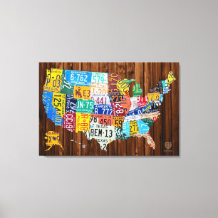 License Plate Map of The United States on Pine Canvas Print
