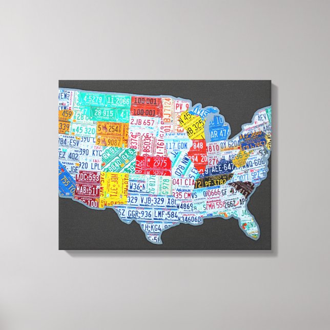 License Plate Map of the USA on Grey Canvas Print (Front)