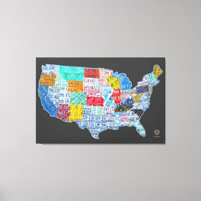 License Plate Map of the USA on Grey Canvas Print (Front)