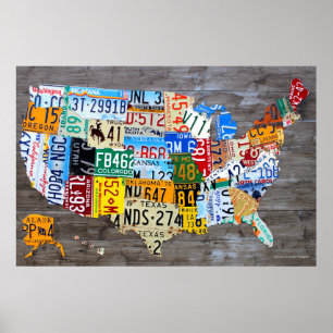 License Plate Map of the USA on Grey Wood 2016 Poster