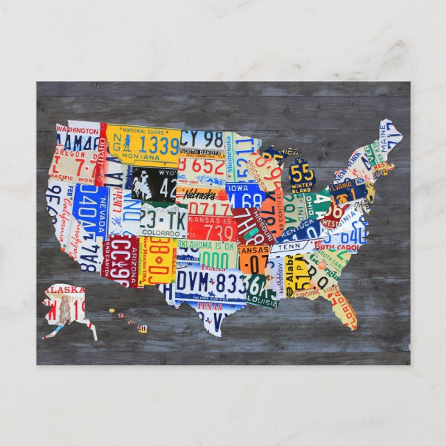 License Plate Map of the USA on Grey Wood Planks Postcard (Front)