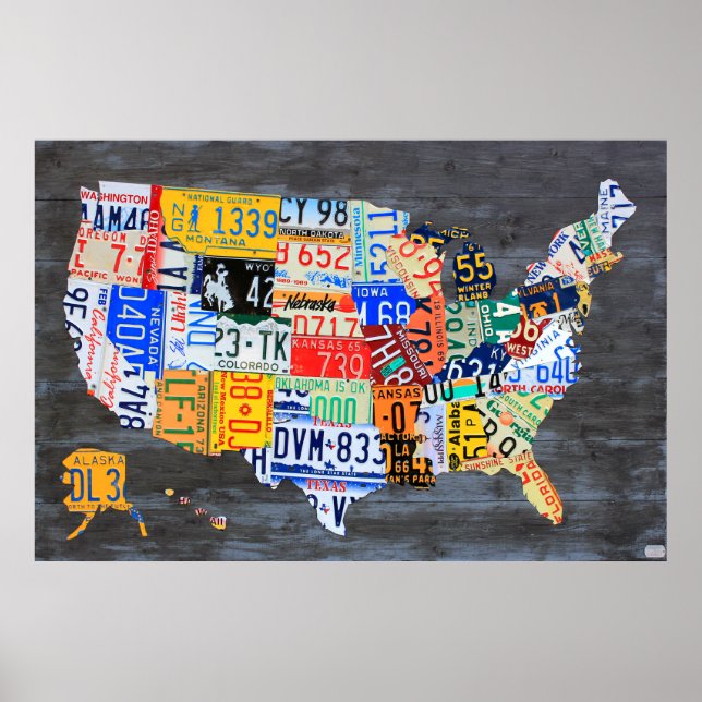 License Plate Map of the USA on Grey Wood Planks Poster (Front)