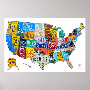 License Plate Map of the USA on White 2014 Poster