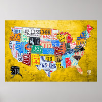 License Plate Map of the USA on Yellow Wood Board