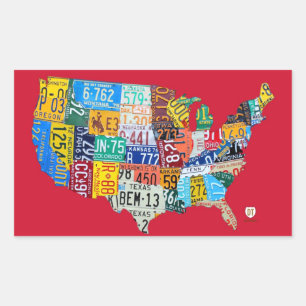 License Plate Map of the USA Sticker on Bright Red