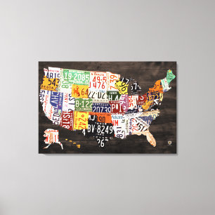 License Plate Map of The USA - Warm Colours / Blac Canvas Print