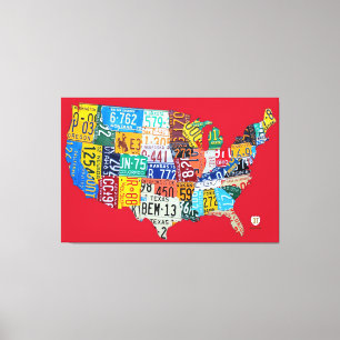 License Plate Map of the USA Wrapped Canvas Red