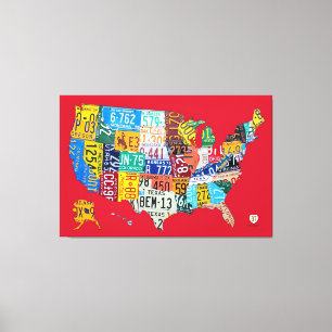 License Plate Map of the USA Wrapped Canvas Red