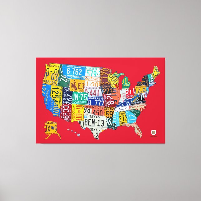 License Plate Map of the USA Wrapped Canvas Red (Front)
