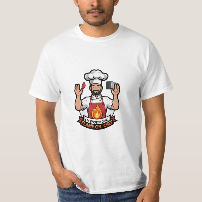 License to Grill – Flame On, Chef Cartoon Tee (Front)