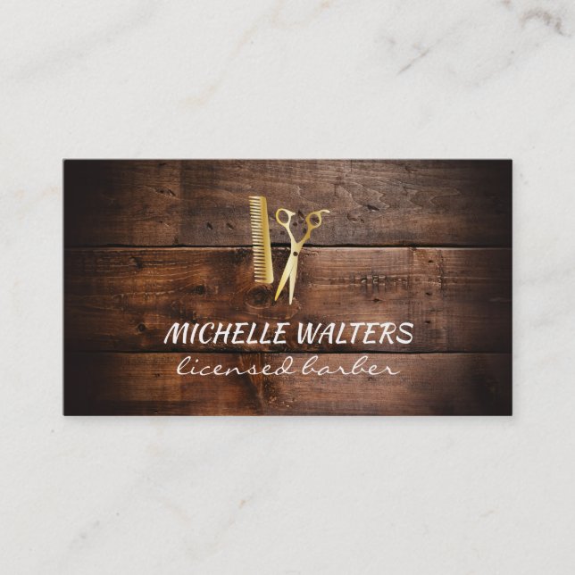 Licensed Barber Leather Gold Comb and Scissors Business Card (Front)