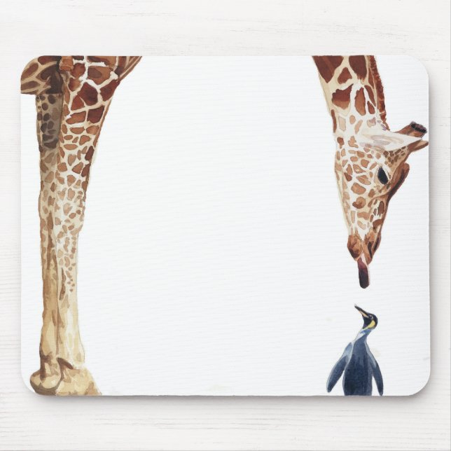 "Licker with Penguin" Giraffe Watercolor Mouse Mat (Front)