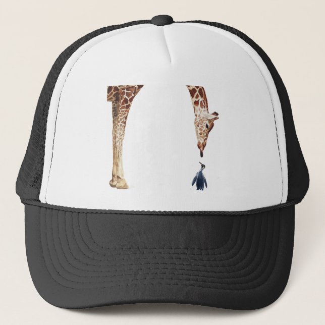 "Licker with Penguin" Giraffe Watercolor Trucker Hat (Front)