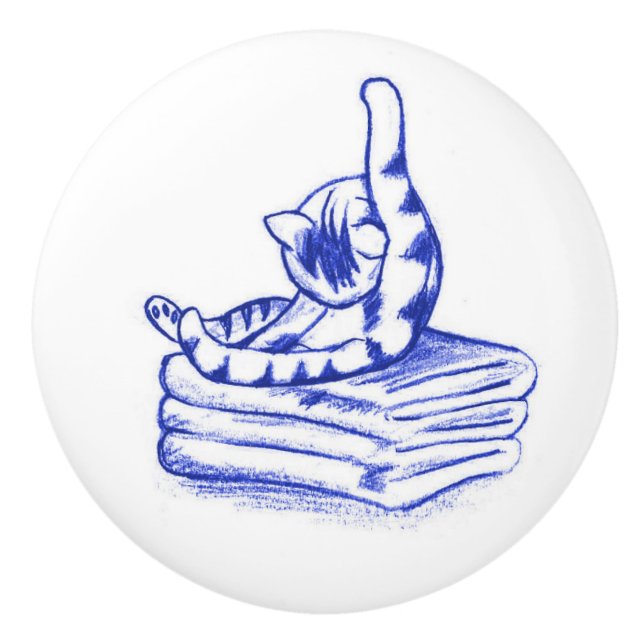 Licking Himself Kitty Cat Bathroom Toile Look Ceramic Knob (Front)