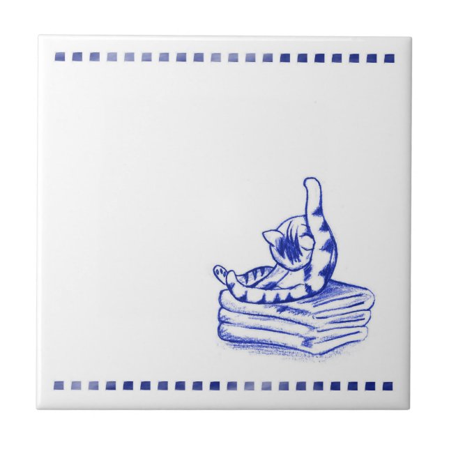 Licking Himself Kitty Cat Bathroom Toile Look Tile (Front)