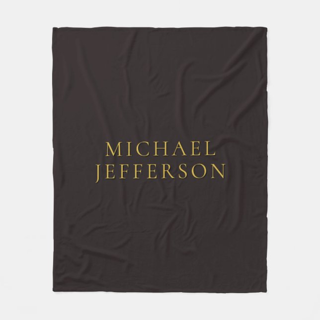 Licorice Black Gold Minimalist Plain Modern Name Fleece Blanket (Front)