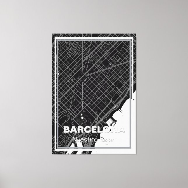 Lienzo minimalist map Barcelona - Black-White Canvas Print (Front)