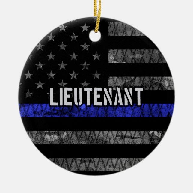 Lieutenant Thin Blue Line Distressed Flag Ceramic Tree Decoration (Front)