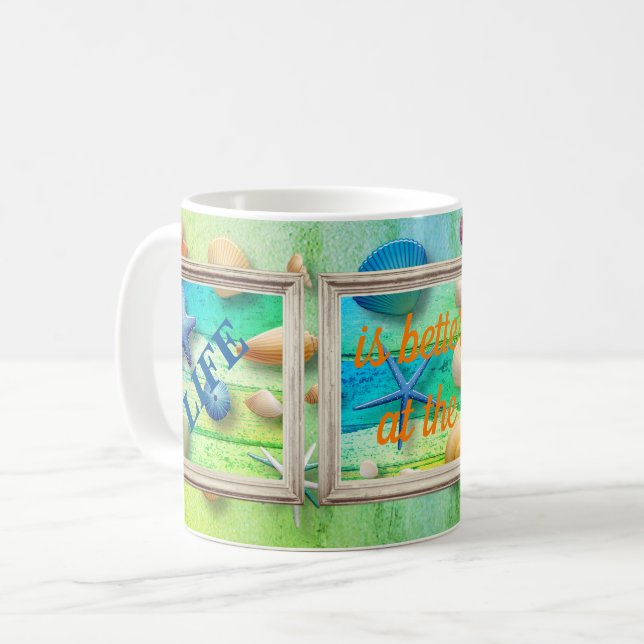 Life at the Beach Sea Sand Seashells Rustic Frame  Coffee Mug (Front Left)