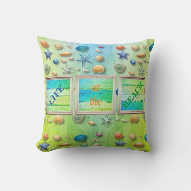 Life at the Beach Sea Sand Seashells Rustic Frame Cushion (Front)