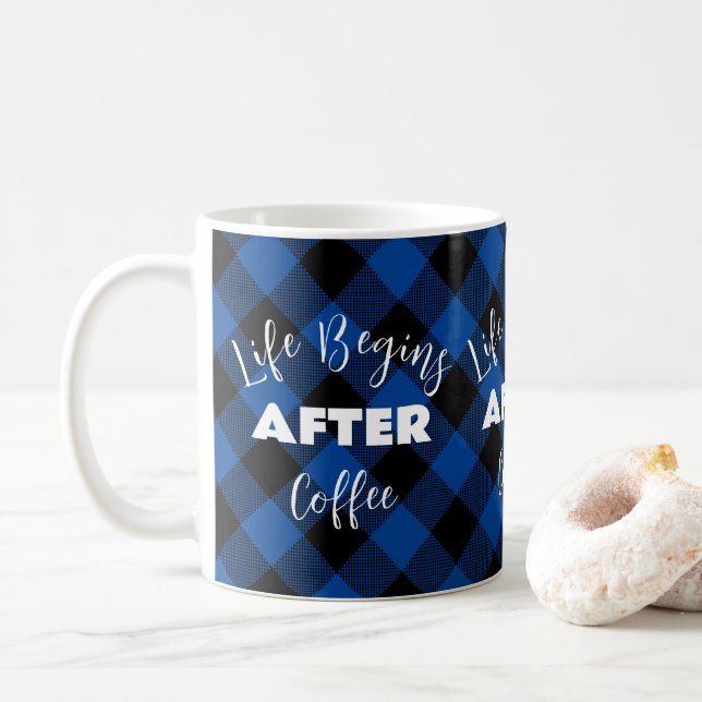 Life Begins After Coffee Chequered Pattern Coffee Mug (With Donut)