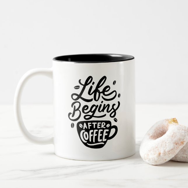 Life Begins After Coffee, Two-Tone Coffee Mug (With Donut)
