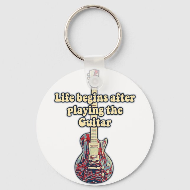 Life begins after playing the guitar. retro colour key ring (Front)