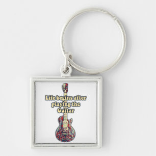 Life begins after playing the guitar. retro colour key ring