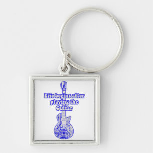 Life begins after playing the guitar. vintage blue key ring