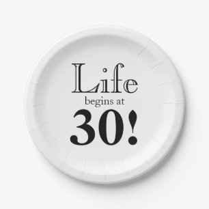 Life begins at 30 retro black graphic font paper plate