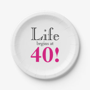 Life begins at 40 pink black retro graphic  paper plate