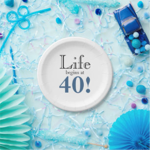 Life begins at 40 slate blue and black cool retro paper plate