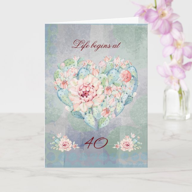 Life Begins at 40 Watercolor Cactus Card (Orchid)