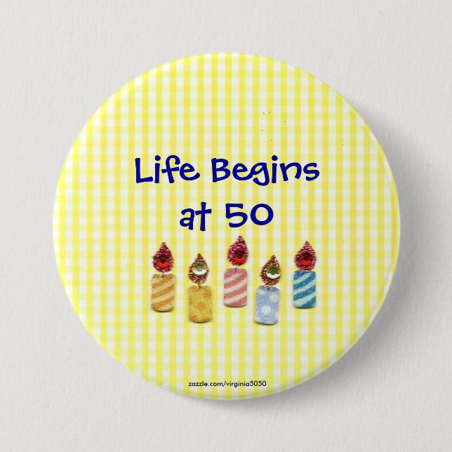 "Life Begins at 50" Colourful Birthday Candles Pin (Front)