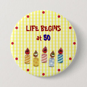"Life Begins at 50" Colourful Birthday Candles Pin