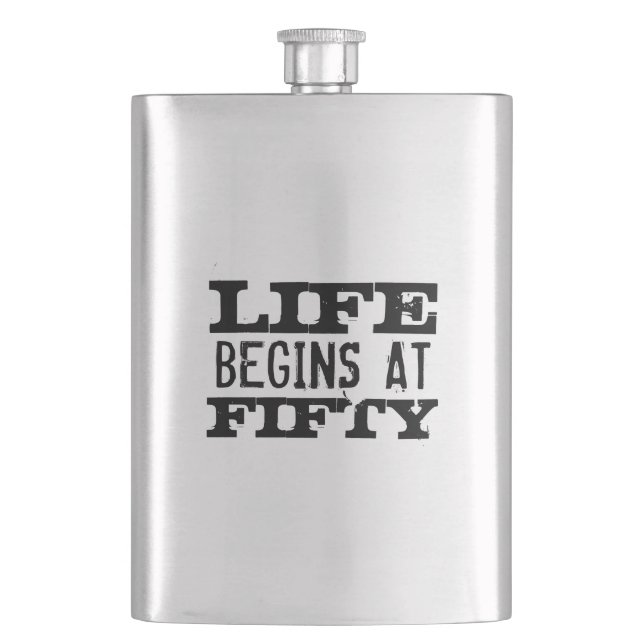 Life begins at 50 funny 50th Birthday drink flask (Front)