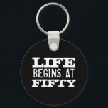 Life begins at 50 Funny Birthday keychain<br><div class="desc">Life begins at 50 funny 50th Birthday round button keychain. Fun quote key chain for fifty year old men and women. Change age year accordingly. Faded vintage typography design with custom age. Add your own custom number. Cool surprise Birthday party gift idea for legendary dad, father, husband, uncle, grandpa, brother,...</div>