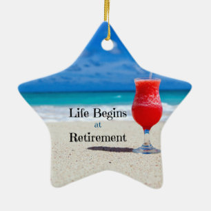Life Begins at Retirement, frosty drink on beach Ceramic Tree Decoration