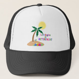 Life Begins at Retirement, Tropical Beach Trucker Hat